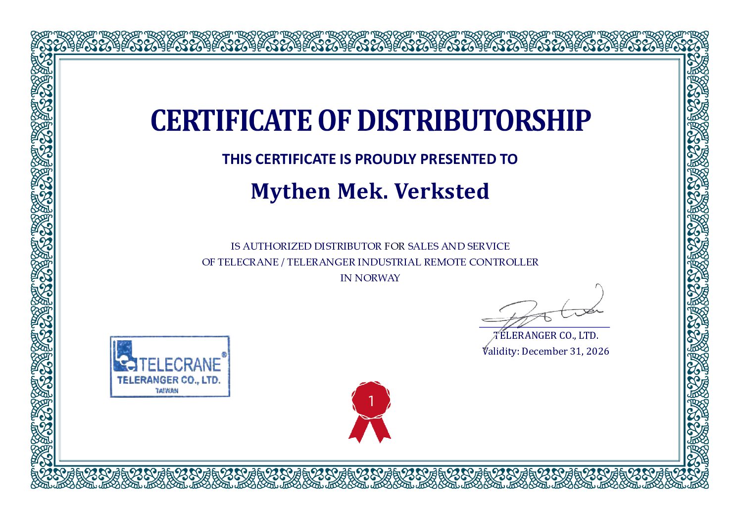 Forside: CERTIFICATE OF DISTRIBUTORSHIP (Mythen)